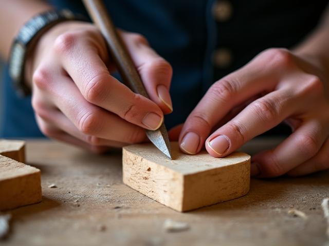 Mani di artigiano che lavorano un pezzo di legno pregiato
